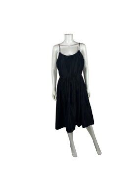 Vintage 80s Cocktail Dress Womens Medium Black Taffeta Scoop Neck Fit & Flare